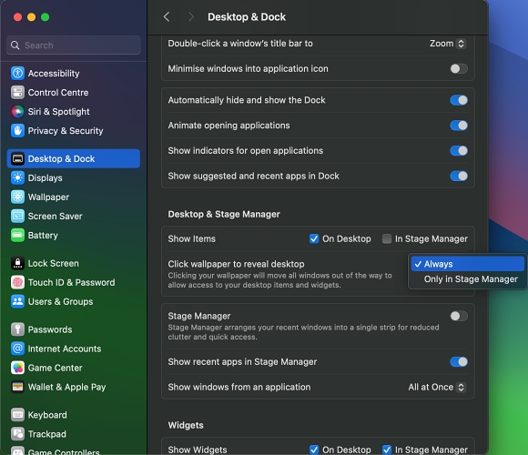desktop and dock settings Mac