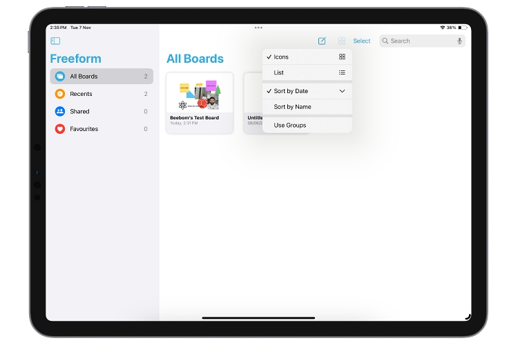 sort boards in the freeform app