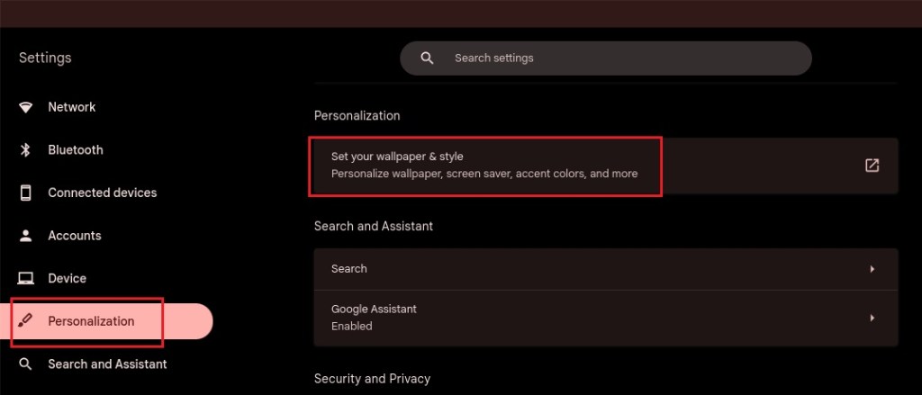 open personalization settings on a chromebook