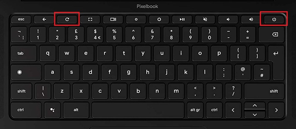 press and hold the refresh key and power button on chromebook keyboard
