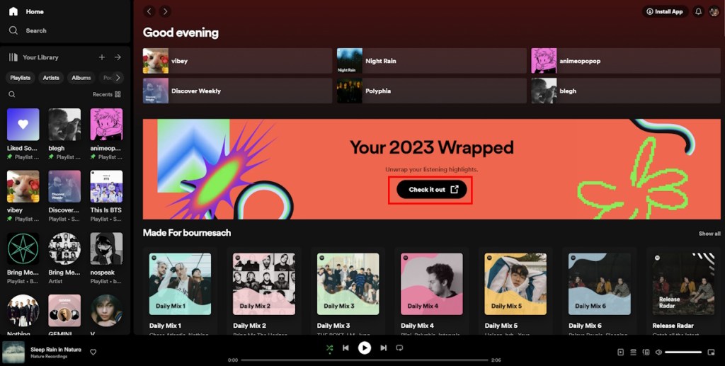 spotify wrapped on web app home page
