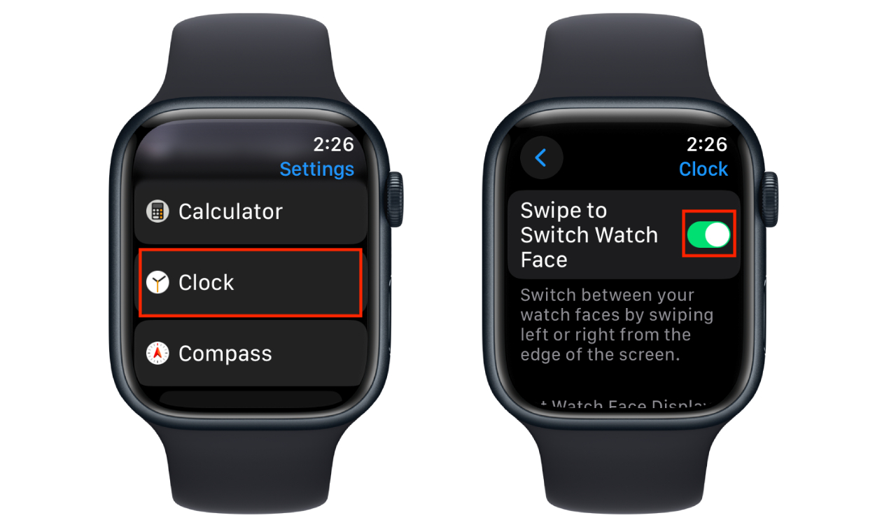 steps to enable swipe to change watch face option in Apple Watch in watchOS 10