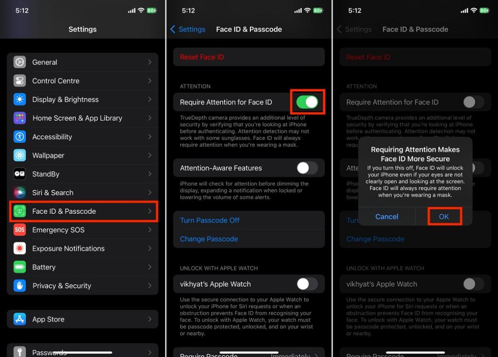 steps to turn off require attention for face id toggle on iPhone