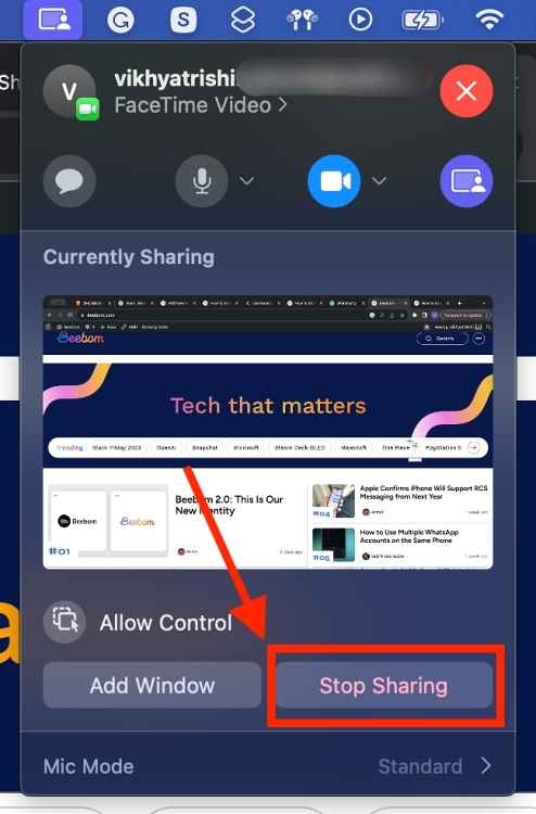 stop screen sharing on FaceTime