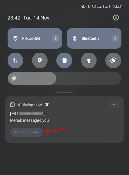 switch account on whatsapp when notification is received