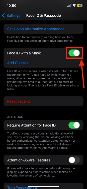toggle on Face ID with Mask on iPhone
