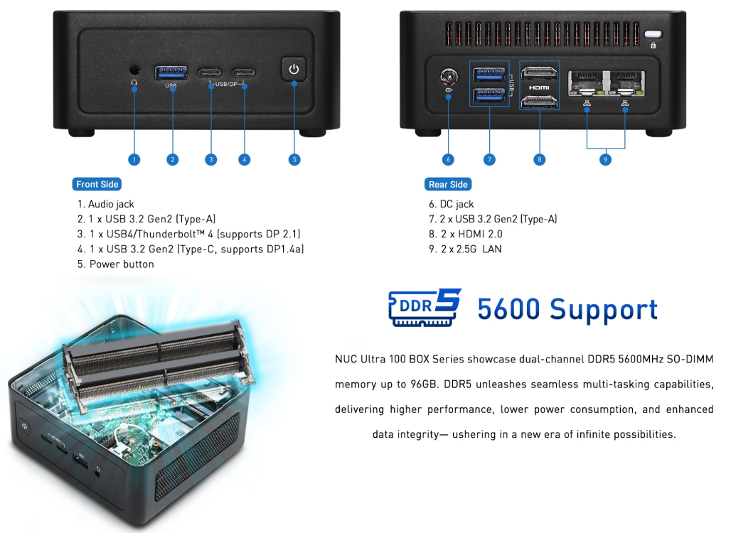 ASRock NUC আল্ট্রা 100 বক্স এবং NUCS আল্ট্রা 100 বক্স পোর্ট নির্বাচন এবং DDR5 RAM সমর্থন