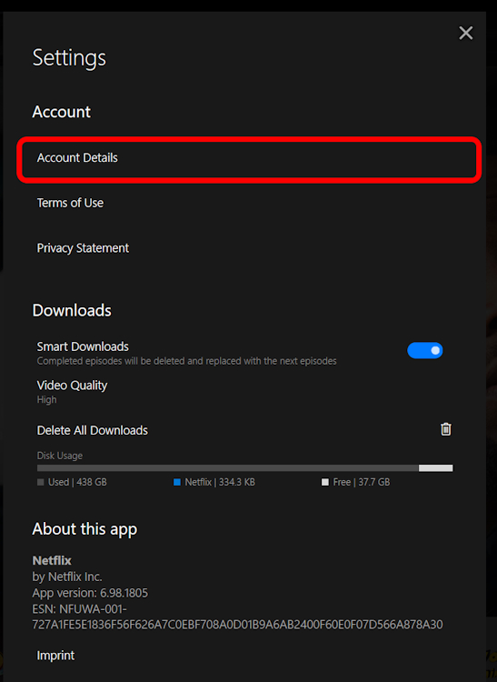 Account Details panel on Netflix Windows App