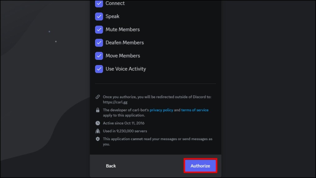 Allow permissions and Authorize the bot
