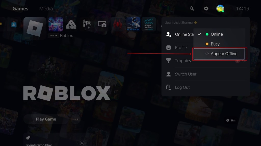 Appear offline button on PS5