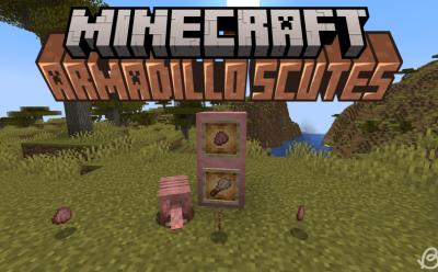 Armadillo next to several scutes and there is an armadillo scute and a brush in item frames in Minecraft