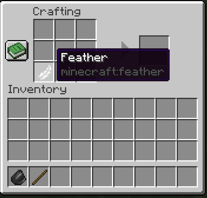 Place a feather in any slot in the bottommost row of the crafting grid