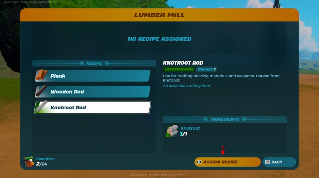 Assign recipe for knotroot rod in Lumber mill