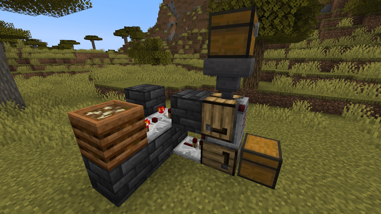 Machine that automatically crafts bamboo planks from bamboo items, one of the best Minecraft 1.21 crafter uses