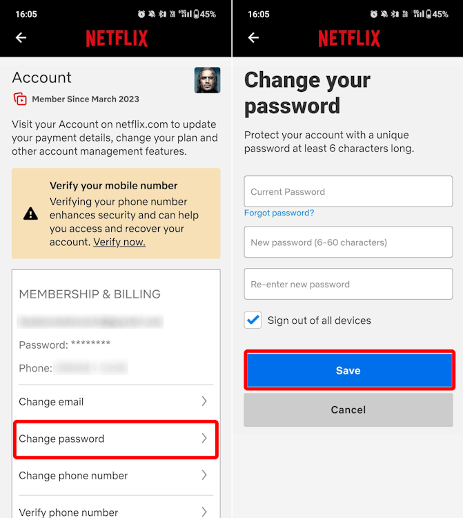 Changing Netflix Password on the Android App