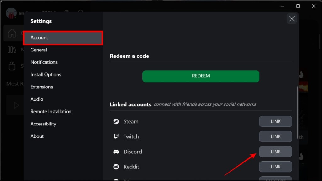 Click on Link button next to Discord option
