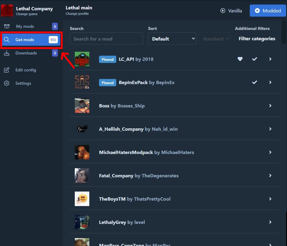 Click on Get Mods to open up Lethal Company mod options