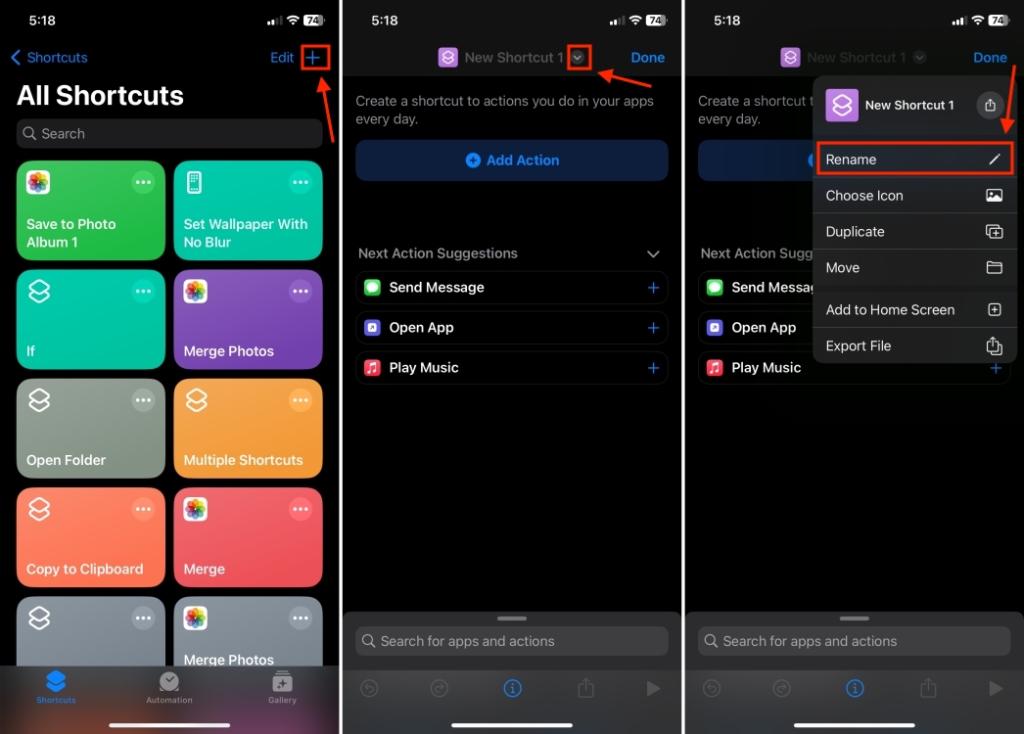 Create and Rename a Shortcut in the Shortcuts App