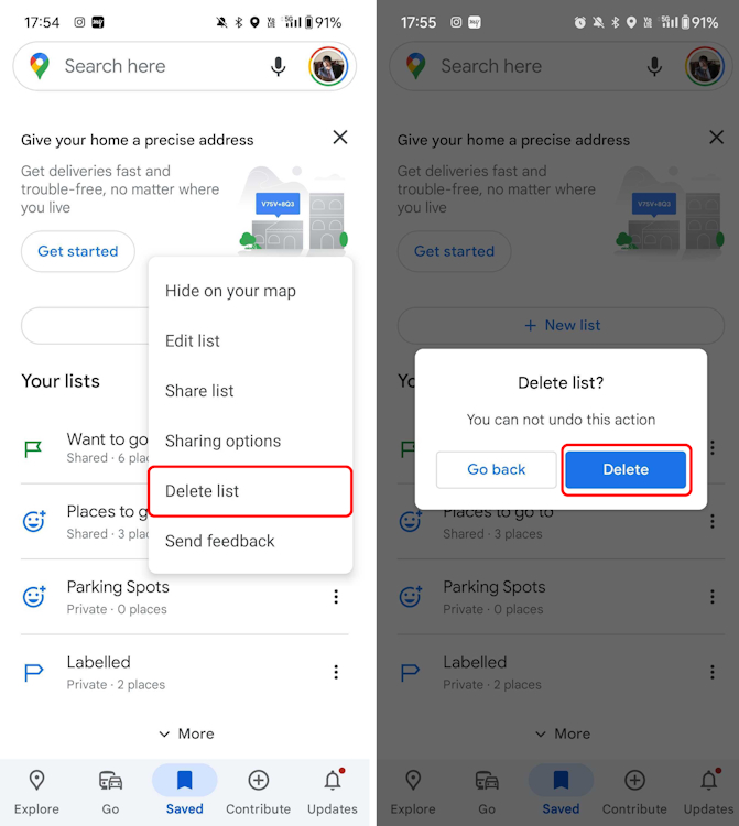 Deleting an entire saved list in Google Maps on Android and iOS