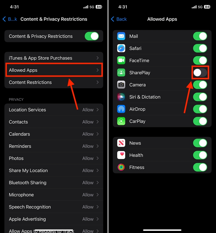 Disable SharePlay on iPhone via Screen Time