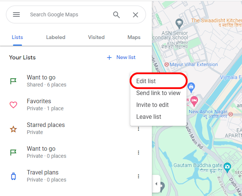 Editing a saved list in Google Maps on PC