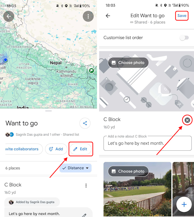 Editing and removing specific pinned locations from a list in Google Maps on Android and iOS