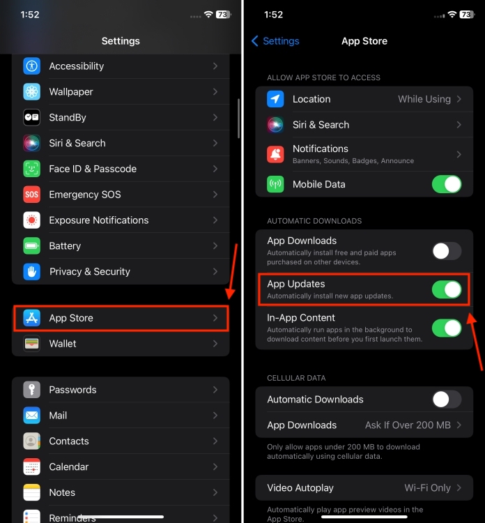 Enable App Updates option in iPhone Settings