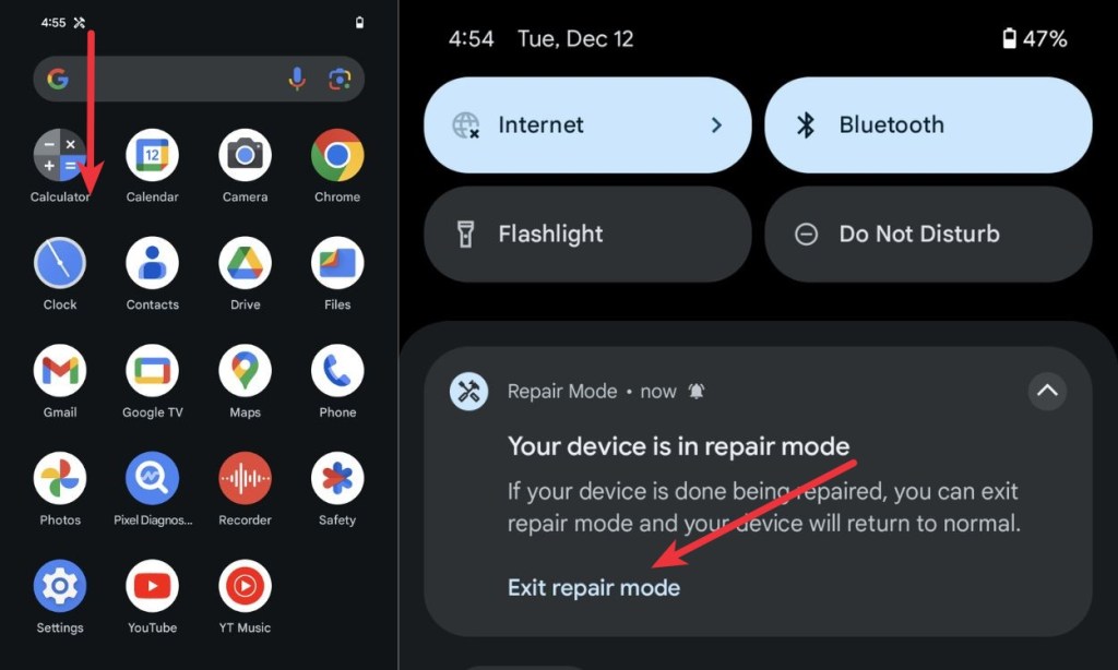 Exit Repair Mode from Notification shade