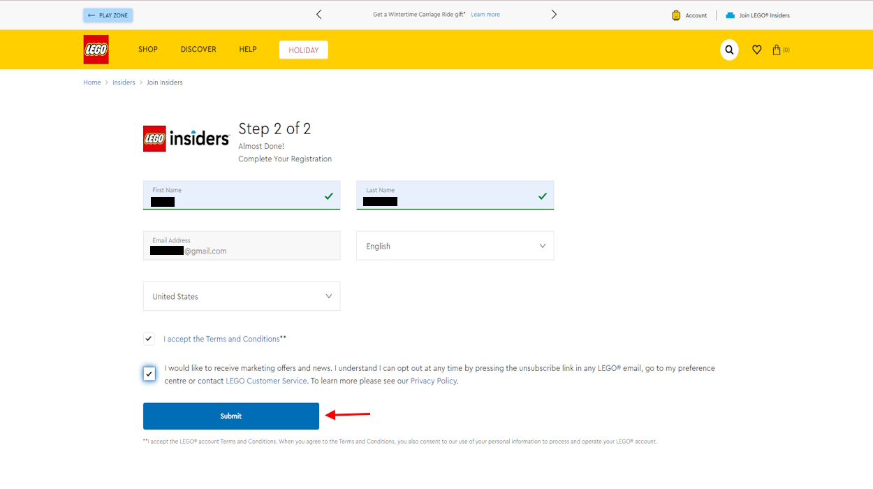 Final step for LEGO insider login