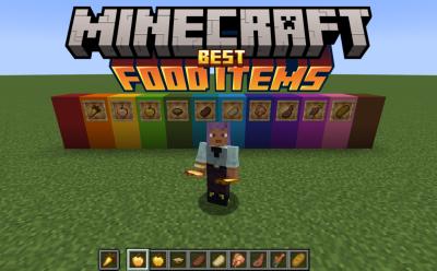 Player holding best food items in Minecraft and colorful concrete blocks behind them with item frames that hold those same items