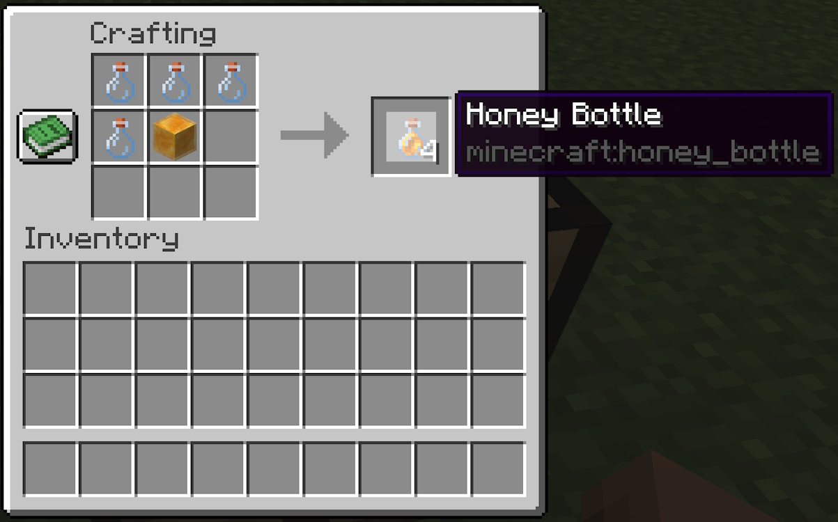 Crafting recipe for honey bottles utilizing glass bottles and a honey block