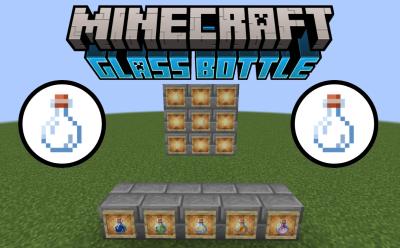 Stone bricks with item frames holding glass blocks and glass bottles filled with various liquids in Minecraft