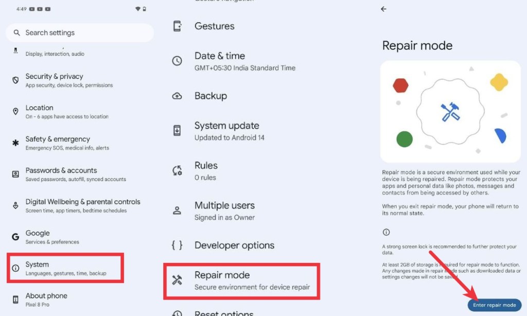 Google Pixel Repair Mode Settings