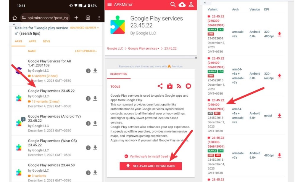 Google Play Services Available Downloads and Variants
