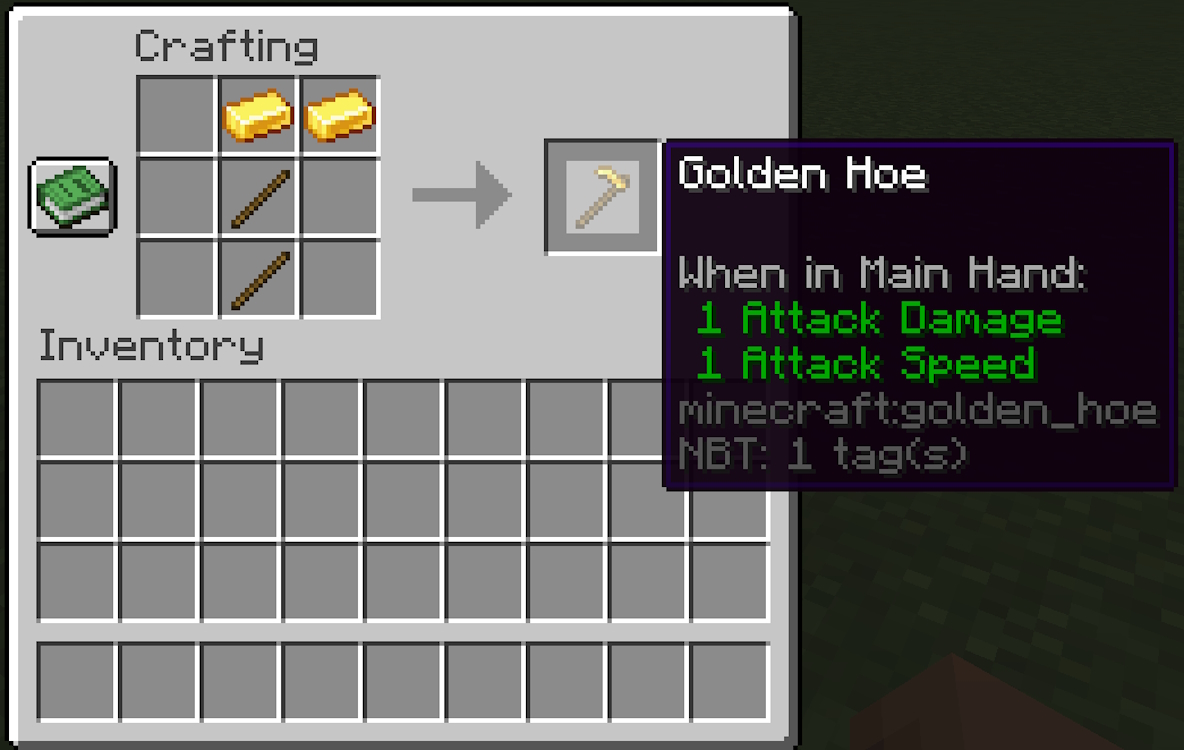 Crafting recipe for a golden hoe in Minecraft