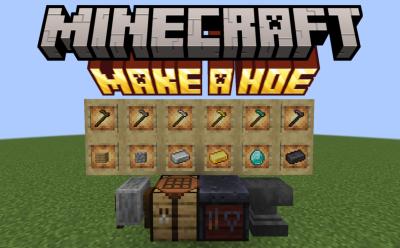 All types of a hoe tool in Minecraft and their main ingredients in item frames and some utility blocks in front of them