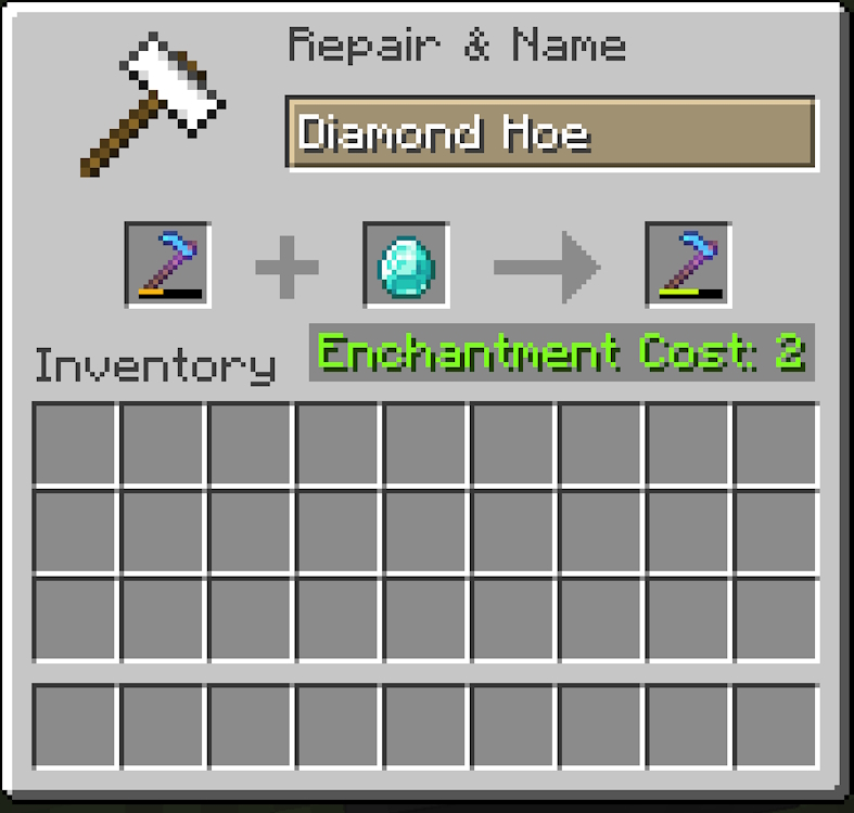 Repairing a damaged diamond hoe with a diamond inside an anvil in Minecraft