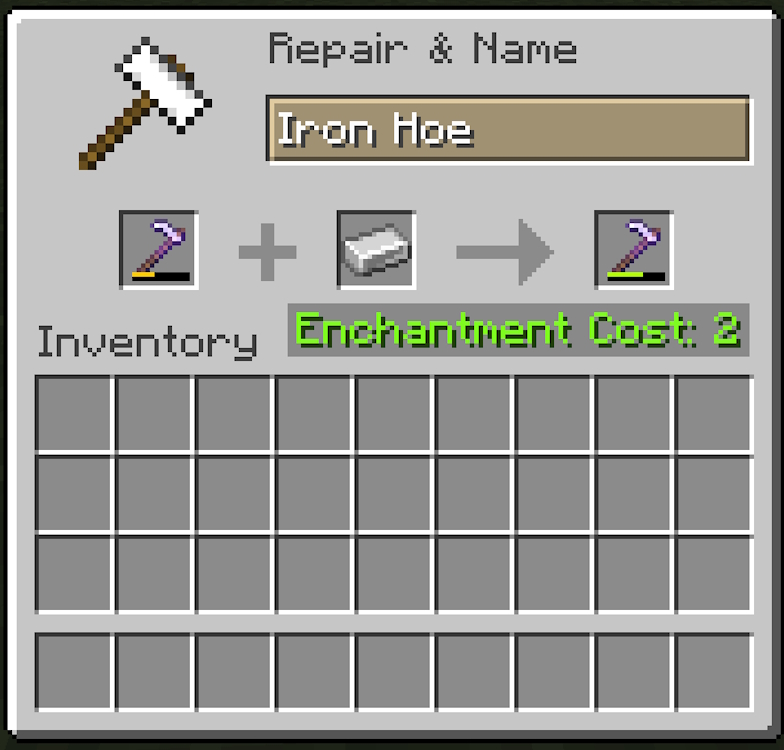 Repairing a damaged iron hoe with an iron ingot inside an anvil in Minecraft