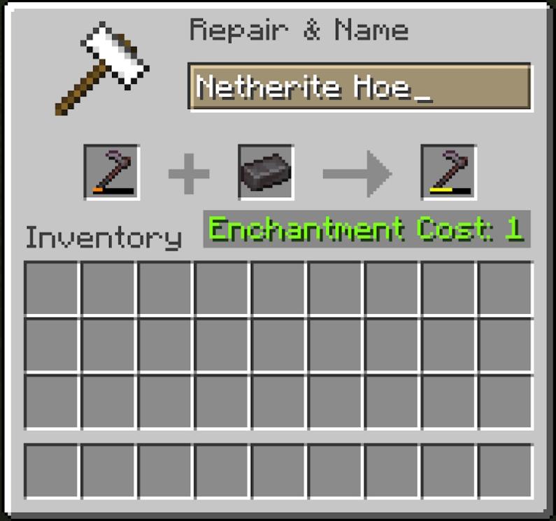 Repairing a damaged netherite hoe with a netherite ingot inside an anvil in Minecraft