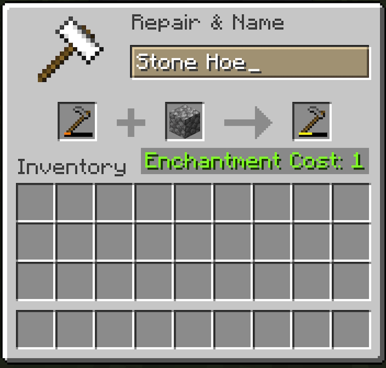 Repairing a damaged stone hoe with a cobblestone inside an anvil