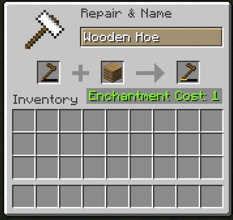 Repairing a damaged wooden hoe with a plank inside an anvil in Minecraft