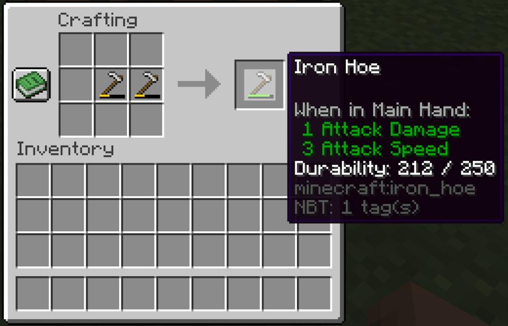 Repairing two broken iron hoes in the crafting grid