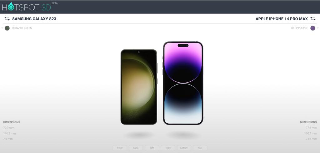 Hotspot 3D comparison between Samsung Galaxy S23 and Apple iPhone 14 Pro Max