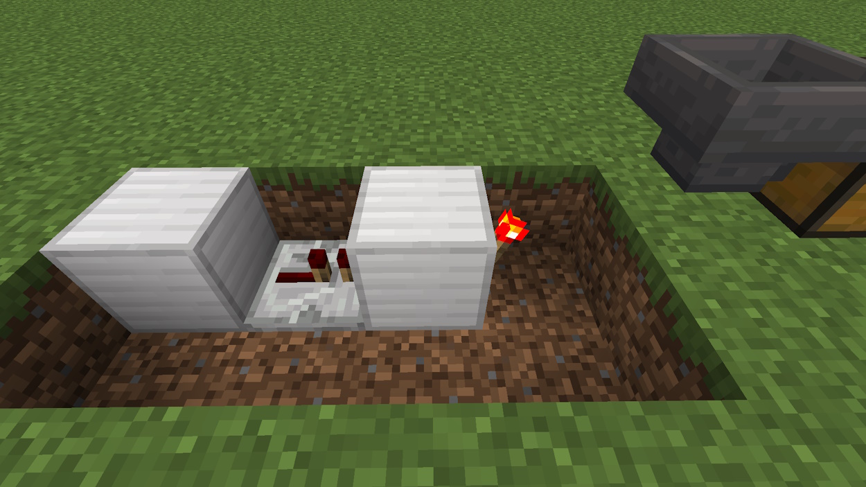 Attach a redstone torch to a solid block in the hole closer to the hopper and place a redstone repeater in the space between two solid blocks, facing into the block redstone torch is attached to