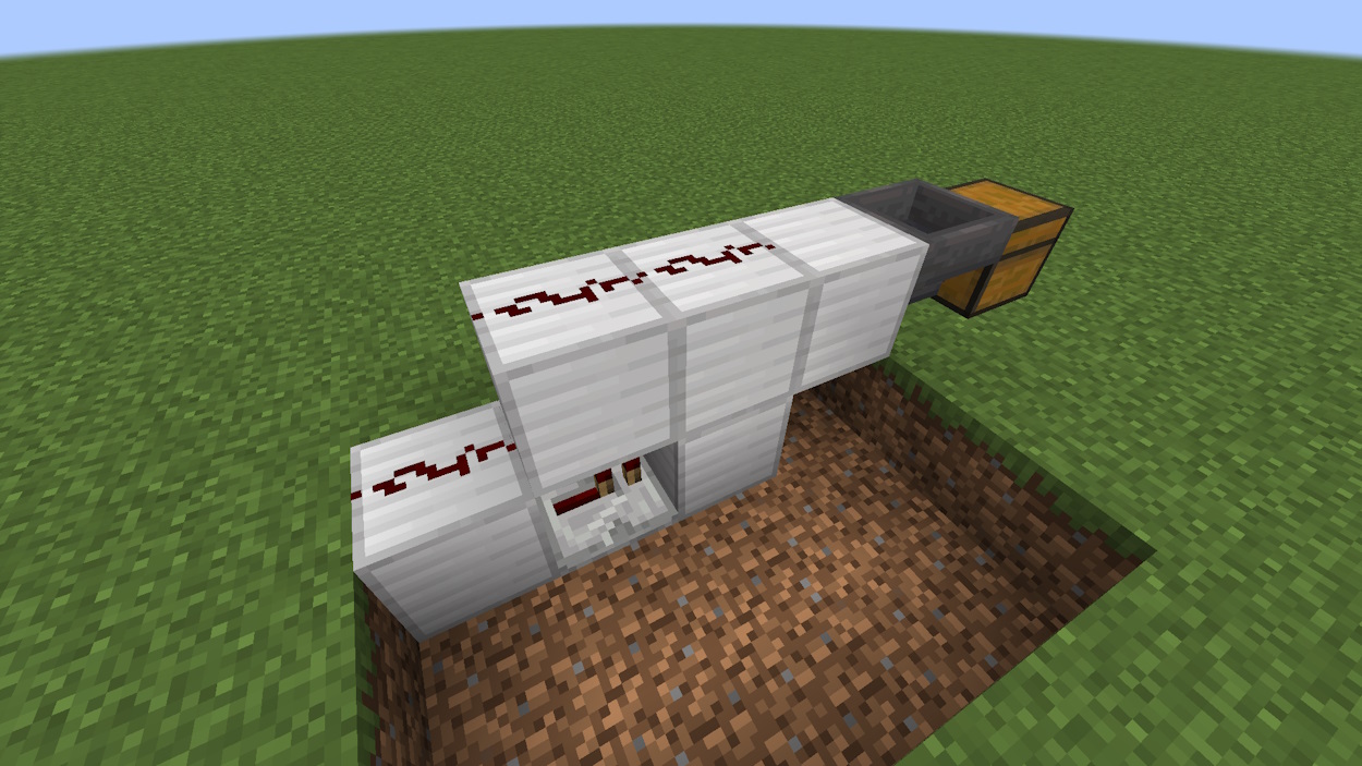 Add three redstone dust in a row starting from the one at the end of a hole opposite to the hopper