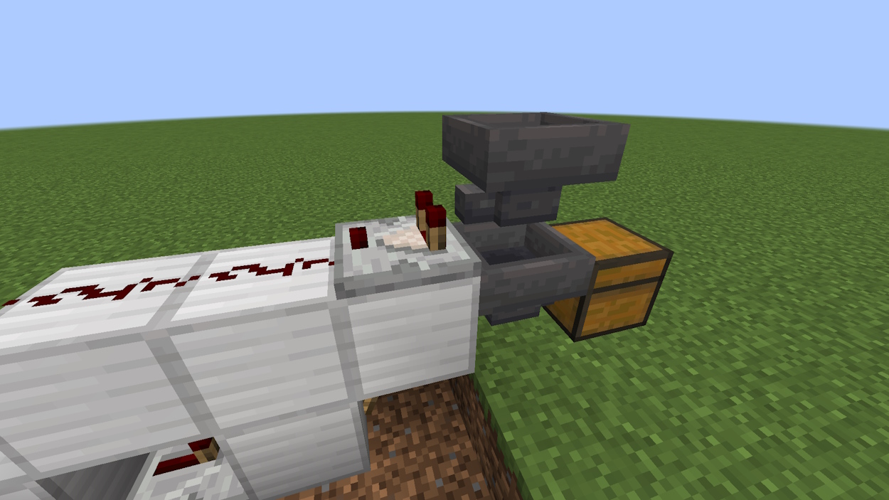 Place a comparator facing towards the redstone dust on top of the solid block above the redstone torch. Then, attach a hopper to it, that's also above the first hopper.