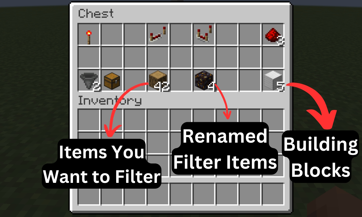 Resources you need to build an item sorter module placed in a chest in Minecraft
