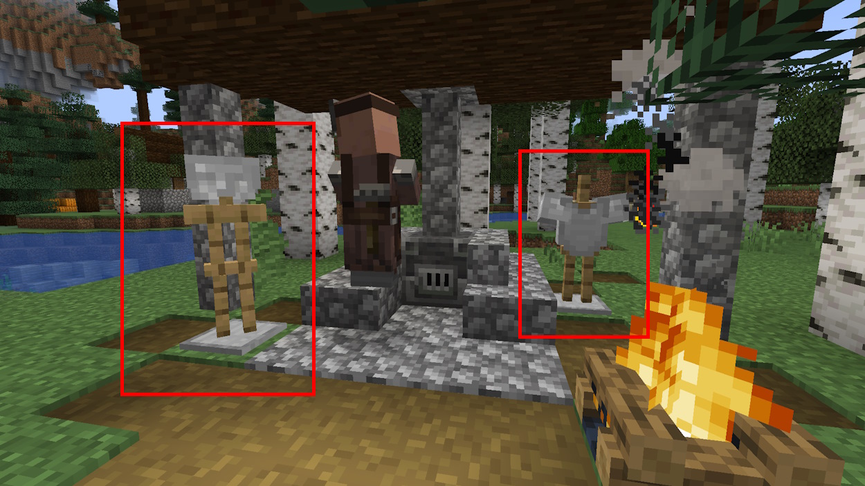 Naturally generated armor stands that are a part of the outdoor armorer workplace in a taiga village