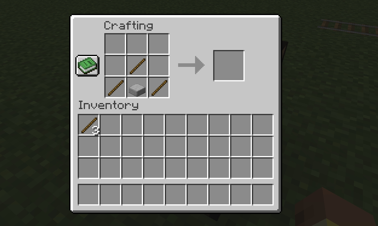 Player's inventory and a crafting grid with a smooth stone slab in the center of the bottom row and three sticks around it