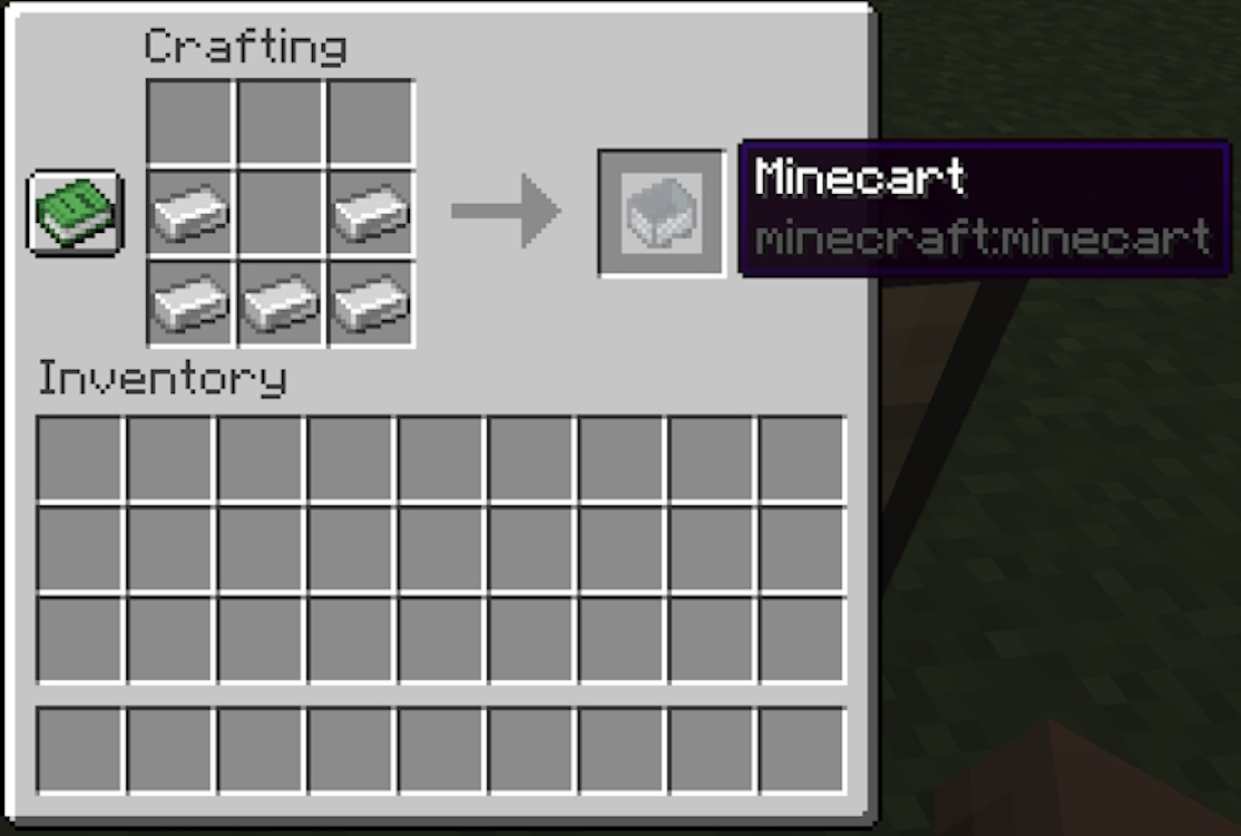 Finished recipe for the minecart in Minecraft